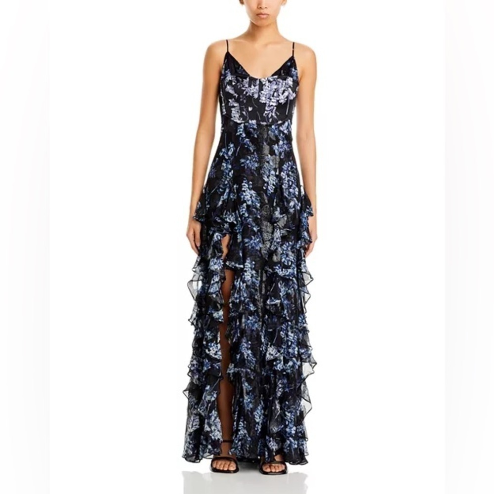 CINQ A SEPT Coastal Floral Glenda Cascading Ruffle Lurex Metallic Dress 12 NWT - Picture 7 of 16